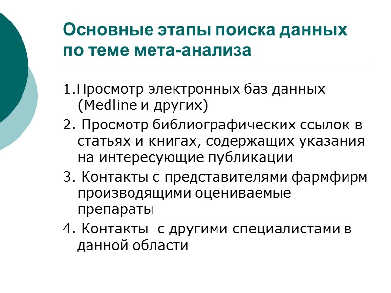 Основные этапы поиска данных по теме мета-анализа 1.Просмотр электронных баз данных (Medline и других)